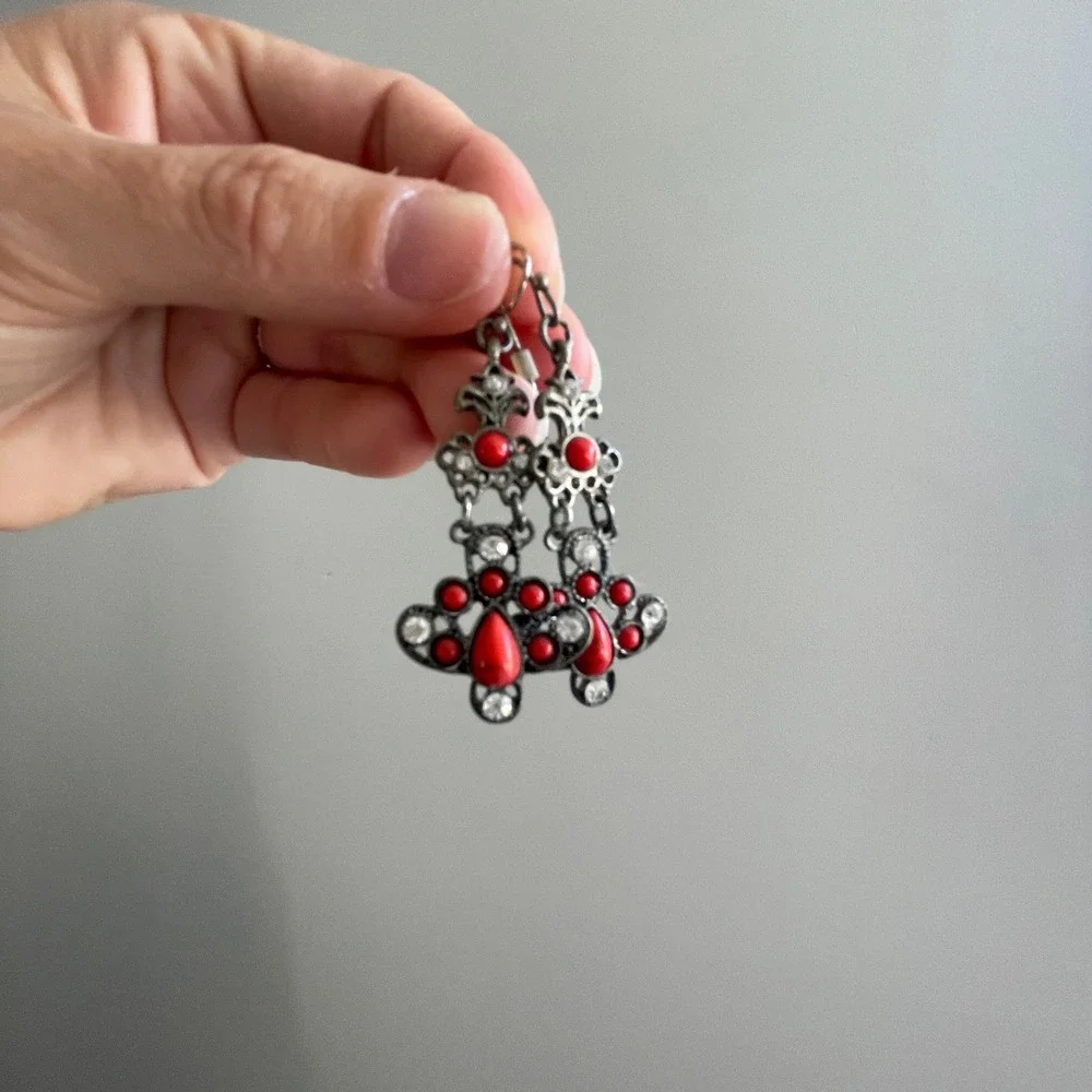 Stone Metal Dangle Earrings‎ Red Y2K Rhinestones Artsy Jewelry Goth Renaissance